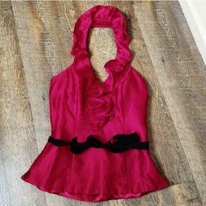 WHBM | Womens Size 2 Dark Red Silk Ruffle Floral Halter Black Tie Waist Belt Top